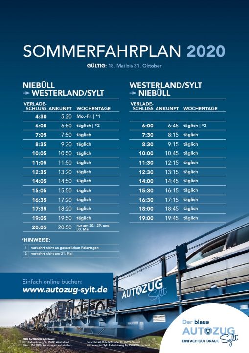 Der Fahrplan des RDC Autozug Sylt 2020